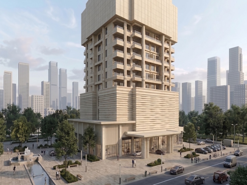 Proyecto de fachada de piedra caliza color beige lunar con perfiles personalizados y revestimiento de columnas curvas.