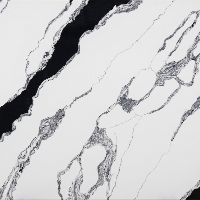 Panda White quartz full slab with dramatic black veining