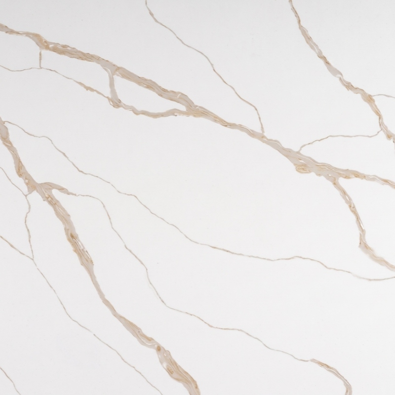 Arctic Calacatta Gold Quartz with white base and champagne-gold veining
