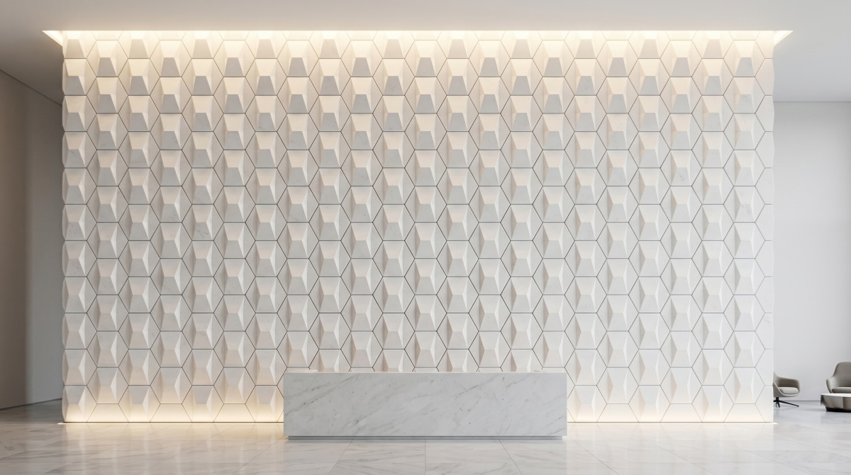 Geometric carved wall panel application for hotel and reception design from aoli stone
