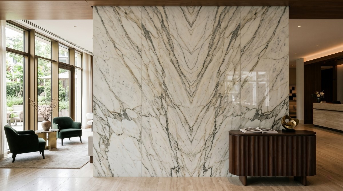 Stone wall panels installed with carefully controlled vertical vein direction by aoli stone