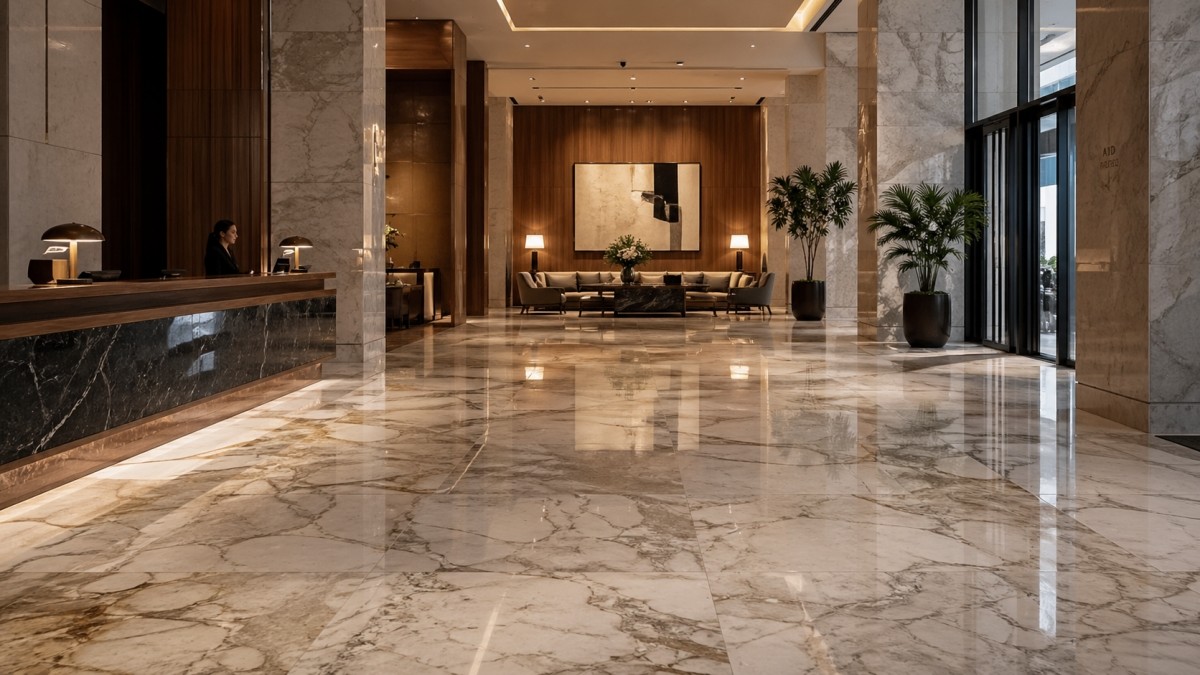 Natural marble flooring in a luxury hotel lobby