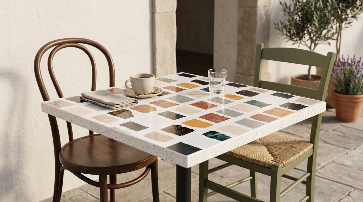 decorative terrazzo table top with colorful marble inlays
