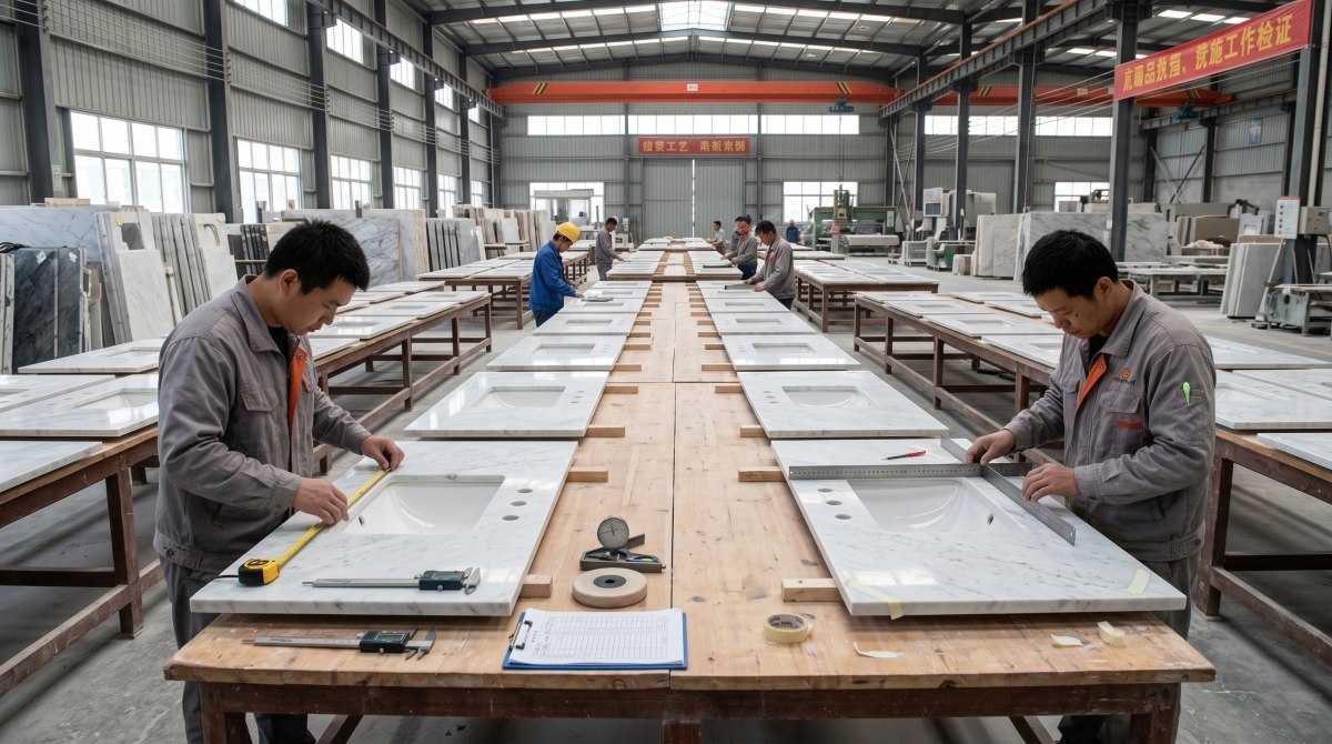 Stone factory checking bathroom vanity tops for hospitality project supply 