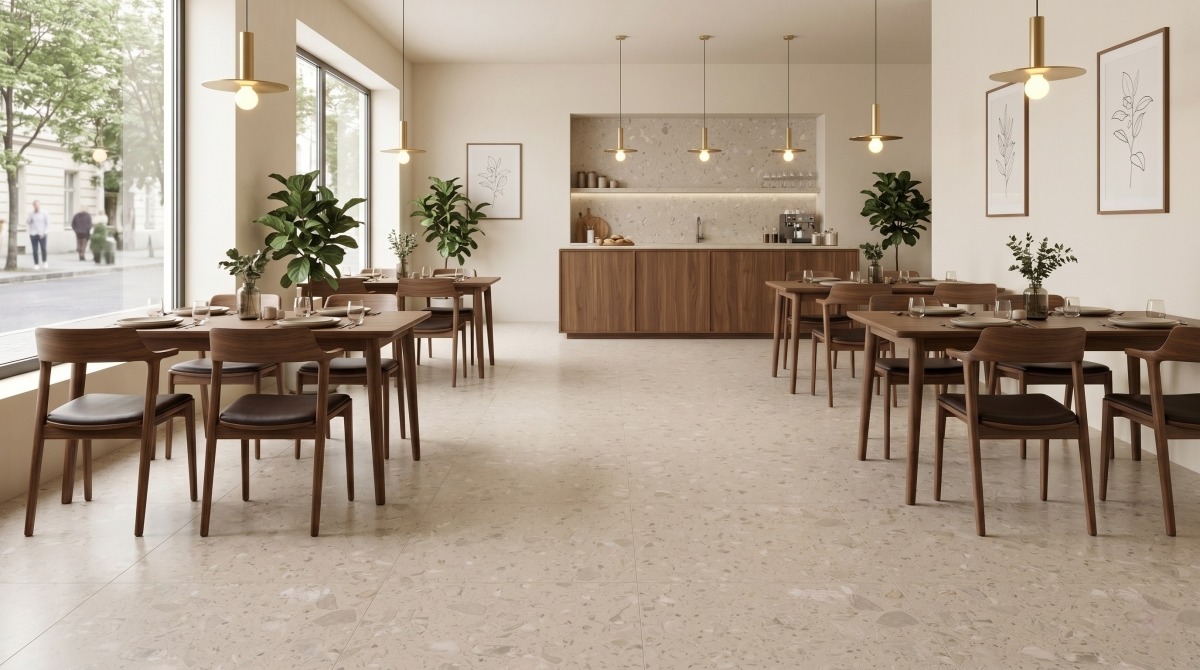 Commercial showroom flooring using Rose Beige Artificial Marble with clean joints and consistent visual rhythm