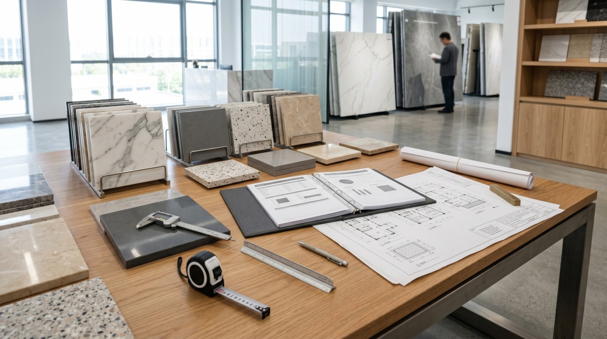 Stone samples arranged on a project approval table with notes and measuring tools