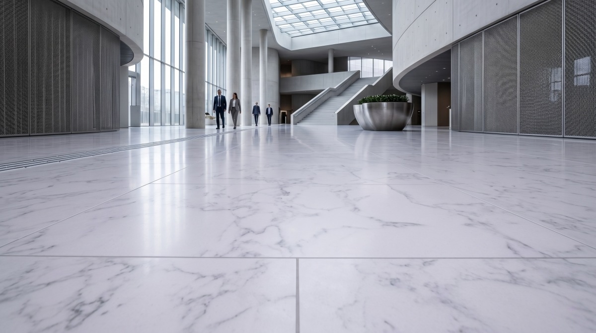 Large-area artificial marble flooring with consistent tone and pattern in a public commercial space