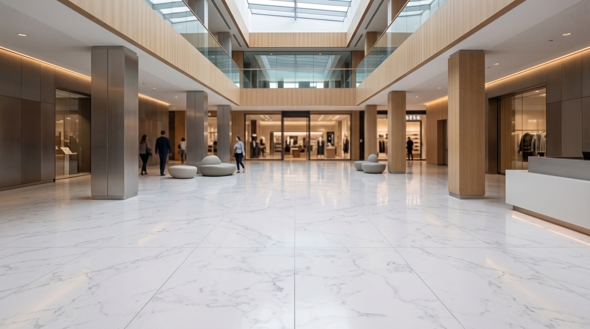 Artificial marble flooring applied in a commercial space such as a mall or office lobby