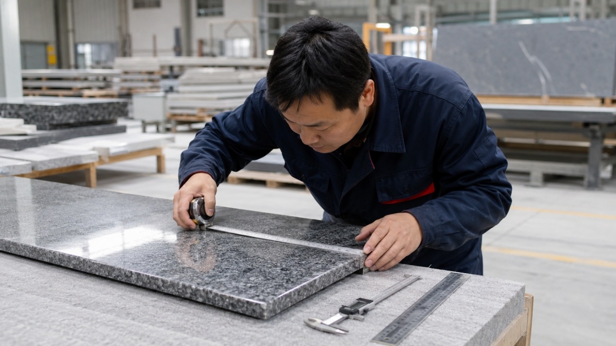 Stone inspector checking cut-to-size dimensions and polished edge detail in factory