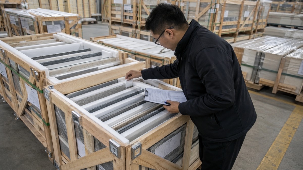 Stone packing quality inspection before shipment with labels and crate list