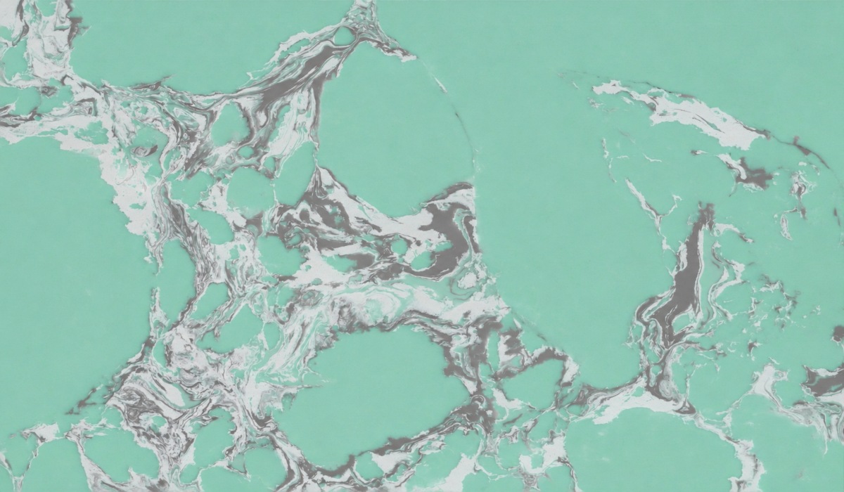 Amazon Green Veined Artificial Marble slab with polished green base and flowing white grey movement