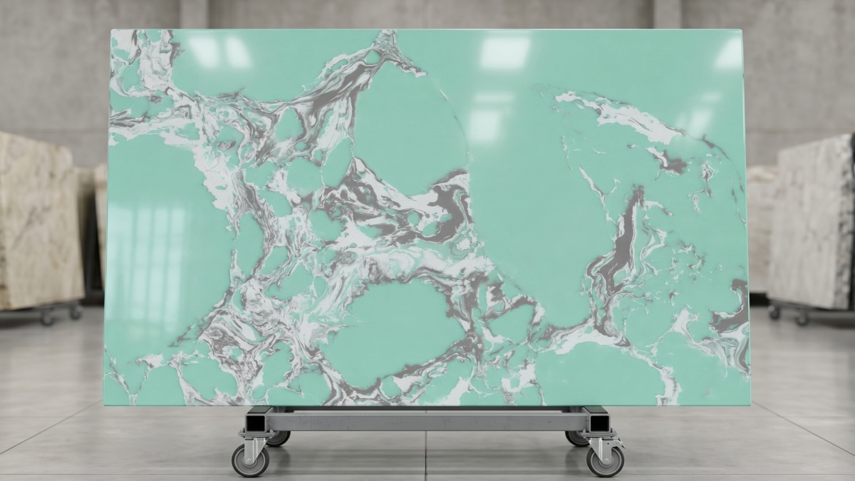 Polished surface detail of Amazon Green Veined Artificial Marble with reflective finish