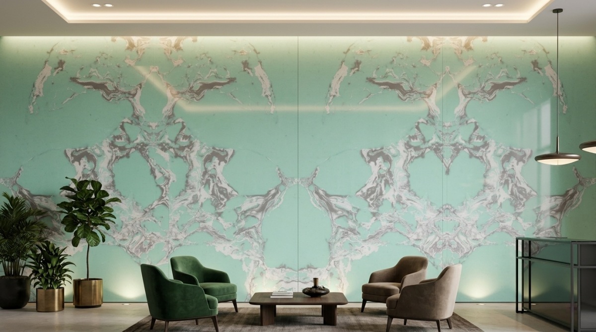 Feature wall application using polished Amazon Green Veined Artificial Marble panels