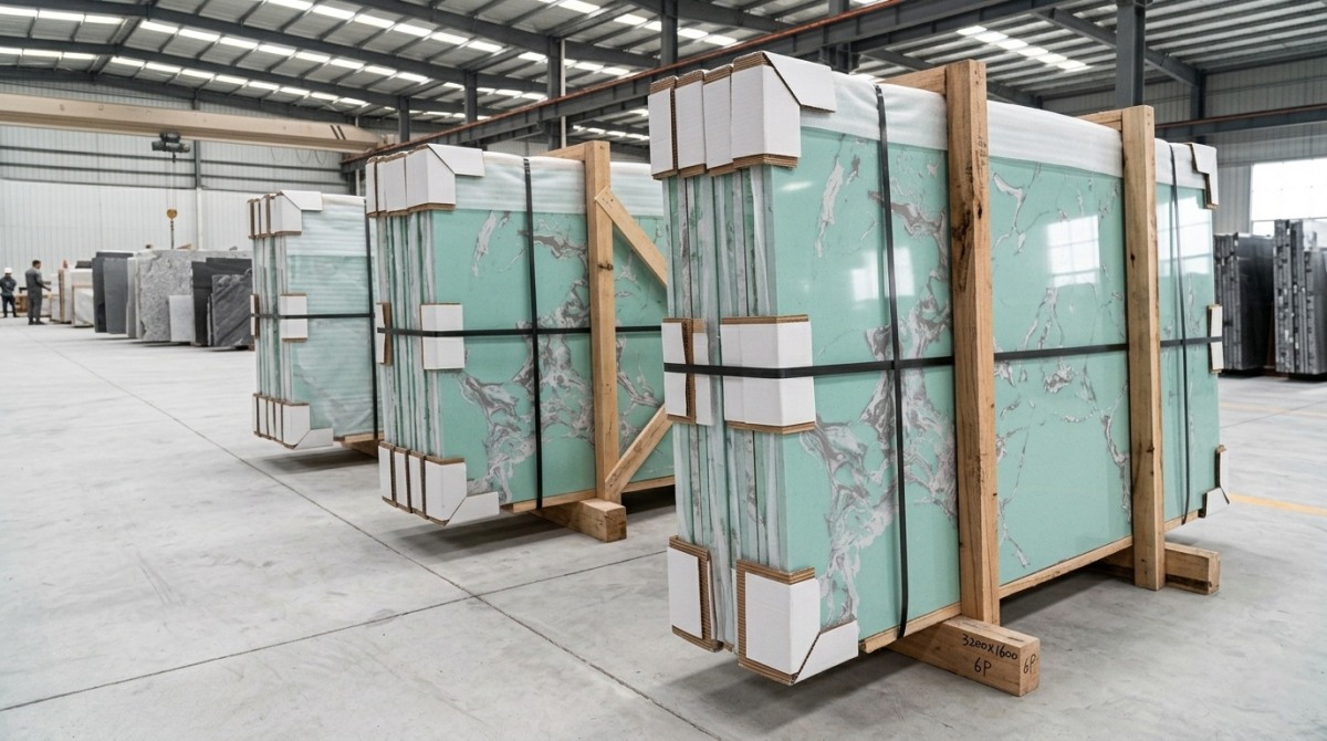 Export packing of Amazon Green Veined Artificial Marble slabs in wooden bundles
