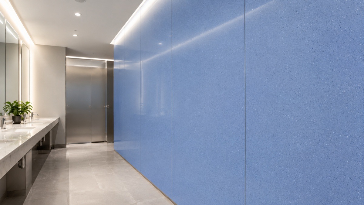 Interior wall panels using Blue Sky Speckled Man Made Stone with calm blue grey tone