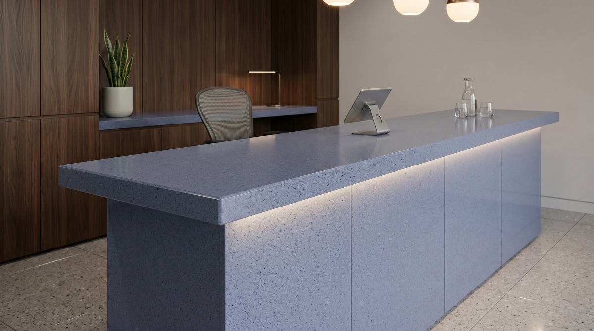 Reception counter using Blue Sky Speckled Man Made Stone as a modern blue surface