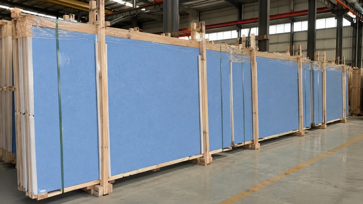Blue Sky Speckled Man Made Stone slab inspected for surface consistency and finish