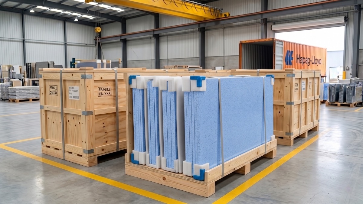 Export packing of Blue Sky Speckled Man Made Stone slabs in wooden bundles