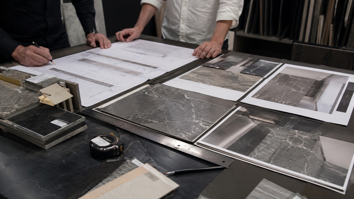 Stone wall panel layout review for a commercial interior project