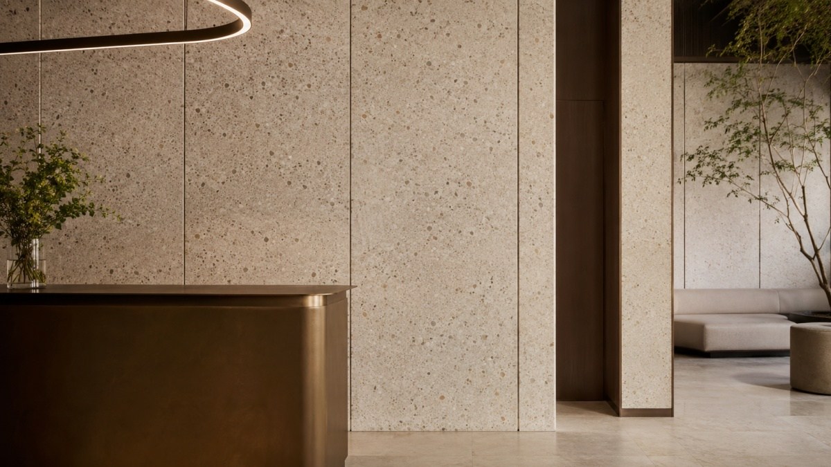 Terrazzo stone wall panels checked for aggregate distribution and layout continuity