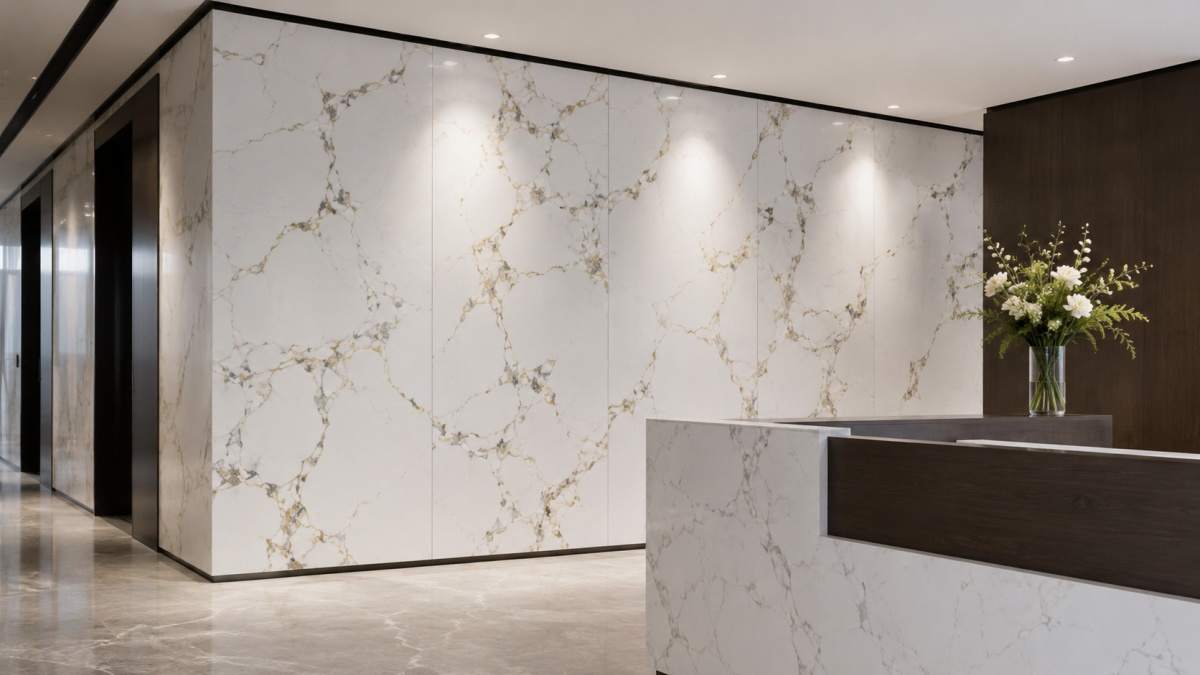 Artificial marble wall panels prepared for commercial interior installation