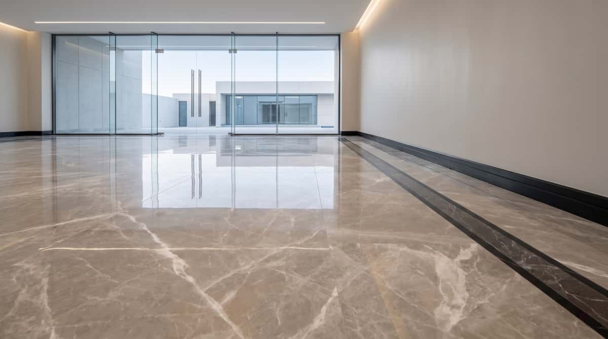 Turkish beige-grey marble floor with dark stone border detail in an interior project