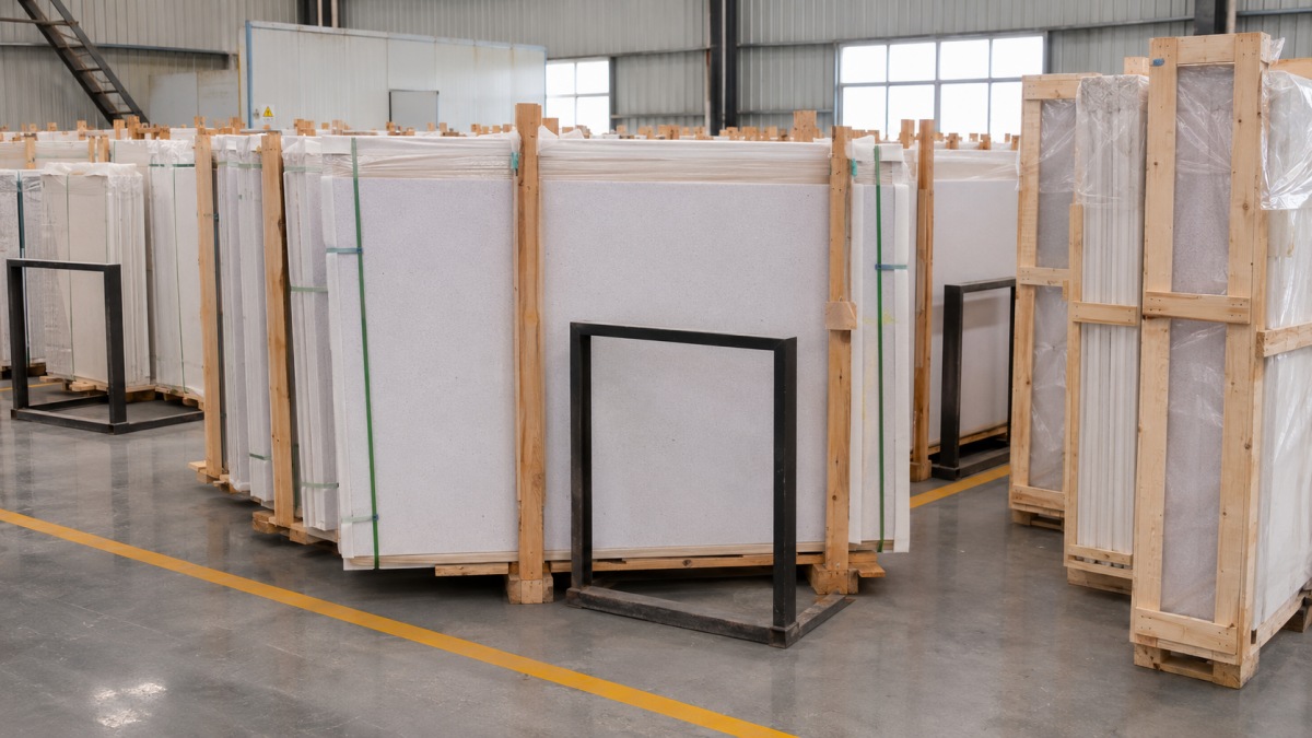 Export packing of Huaishan White Artificial Marble slabs and tiles in wooden crates