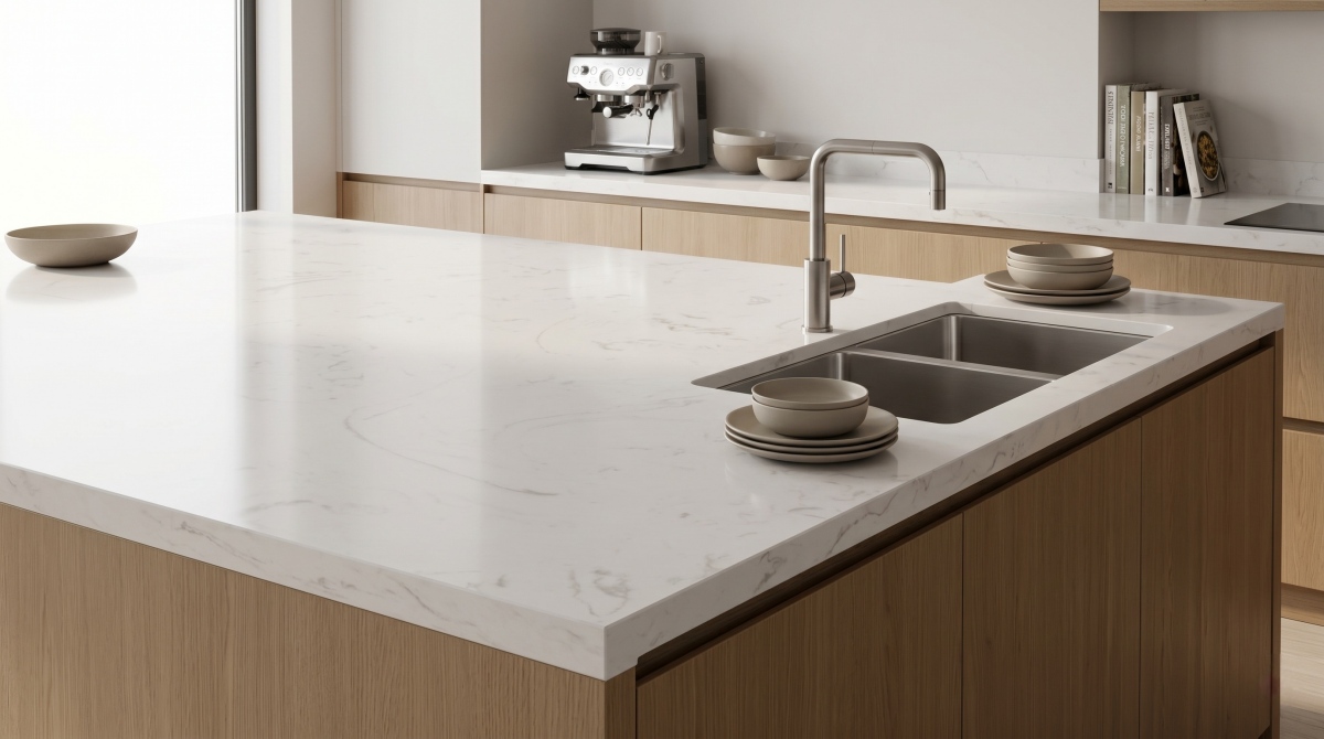 Reception counter using white artificial marble surface