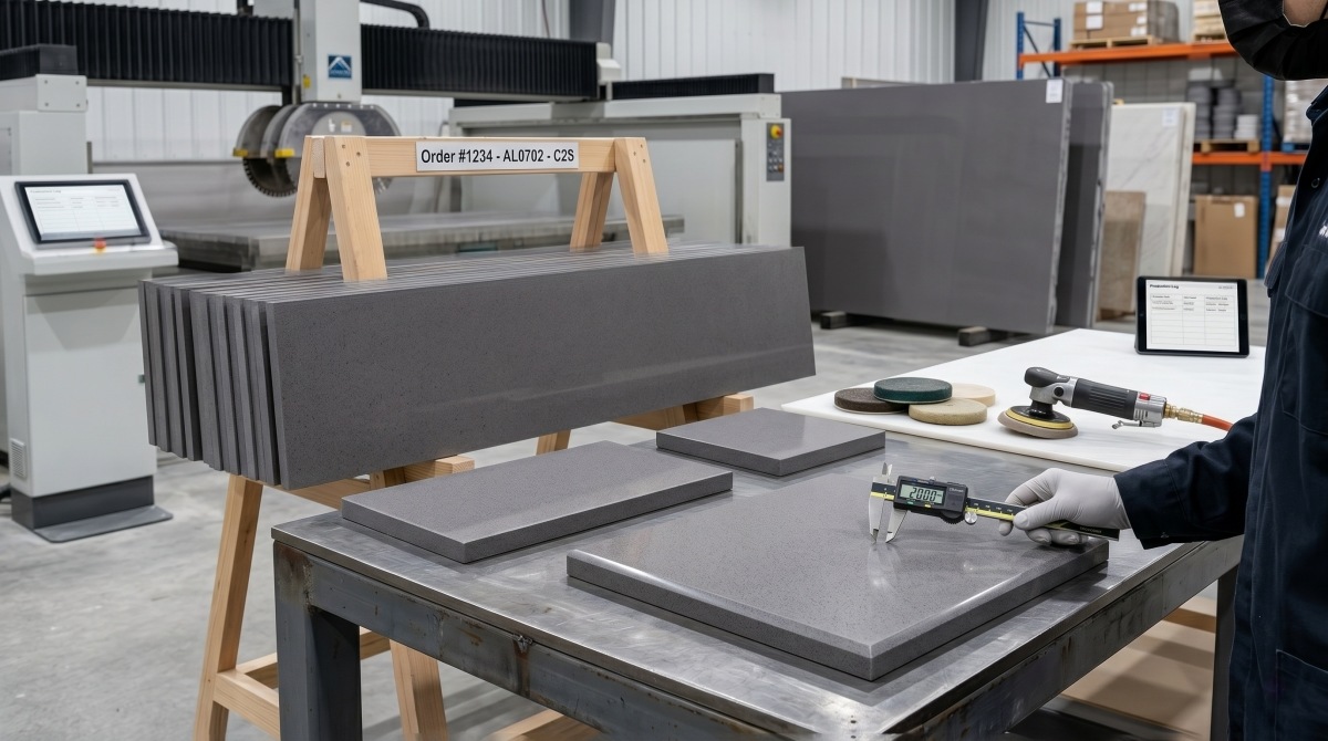 Aoli Stone grey artificial marble slab inspection