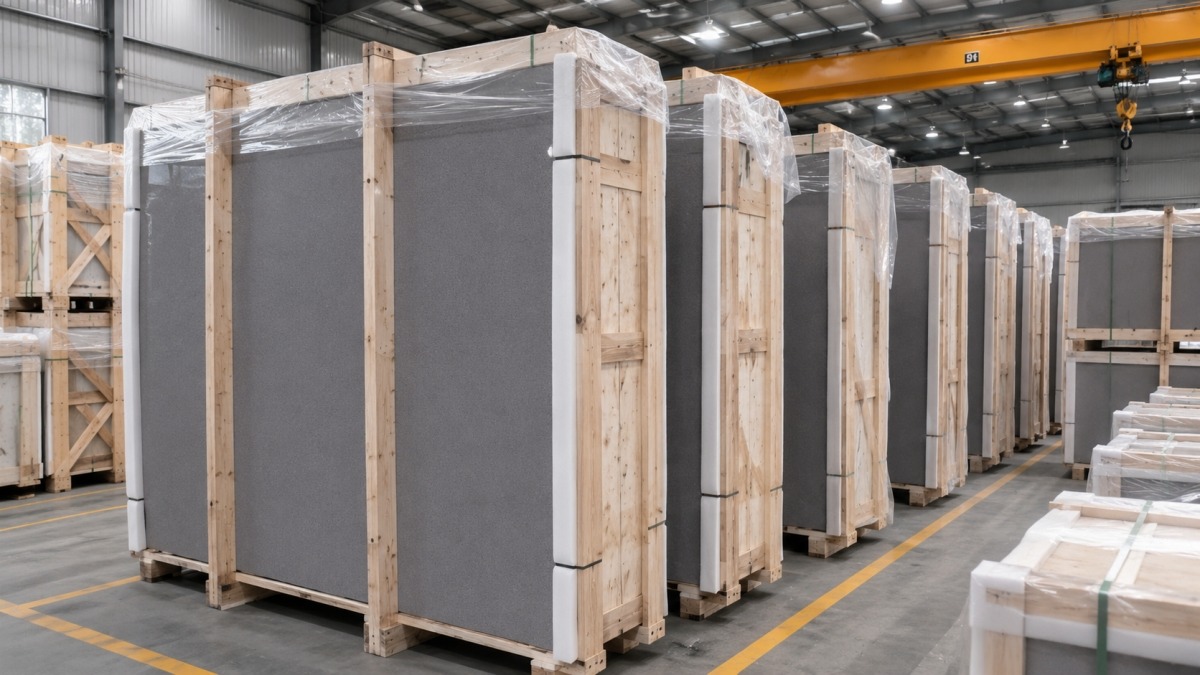 Grey artificial marble sheets packed for export supply