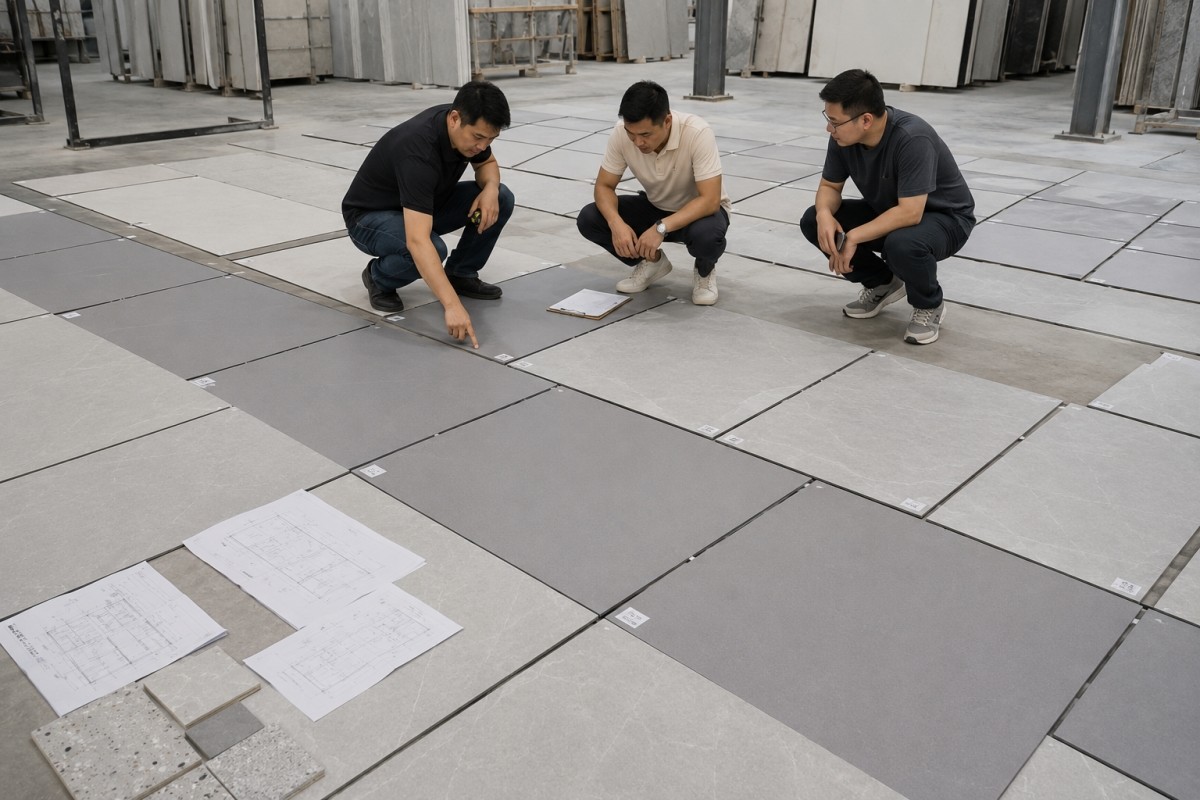 Stone flooring layout planning with modules and joint direction for a large public interior
