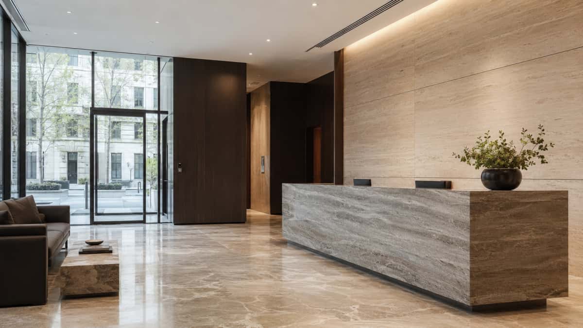finished-commercial-lobby-stone-floor-wall-reception Finished commercial lobby with stone floor wall panels and reception counter