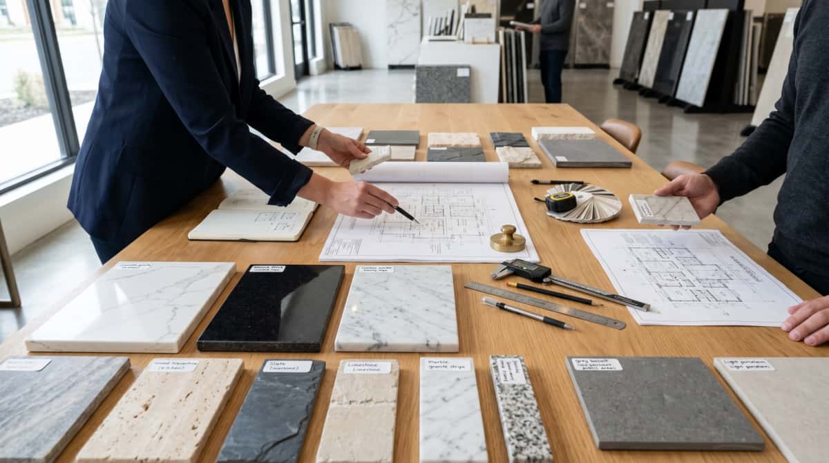 Residential stone project material review with kitchen vanity and bathroom samples