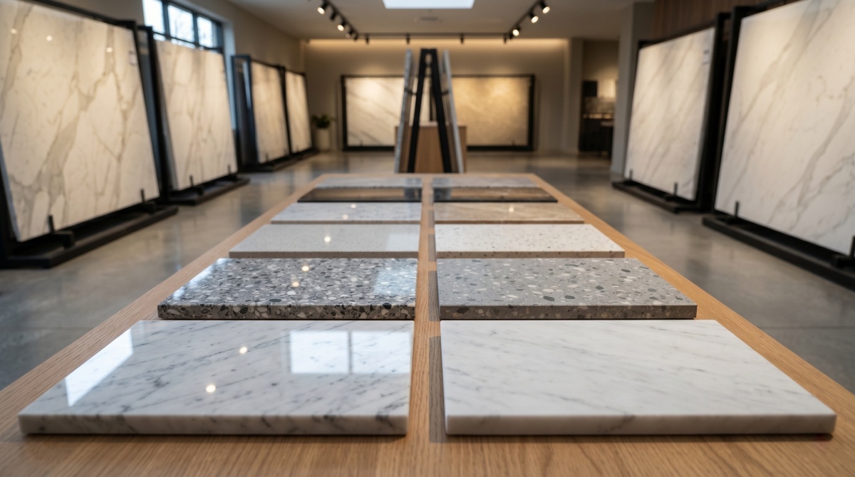 Terrazzo and marble finish samples reviewed under showroom lighting