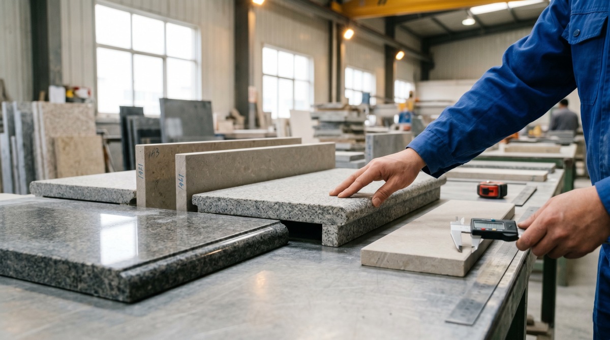 Stone edge finish inspection for fabricated countertop and stair pieces