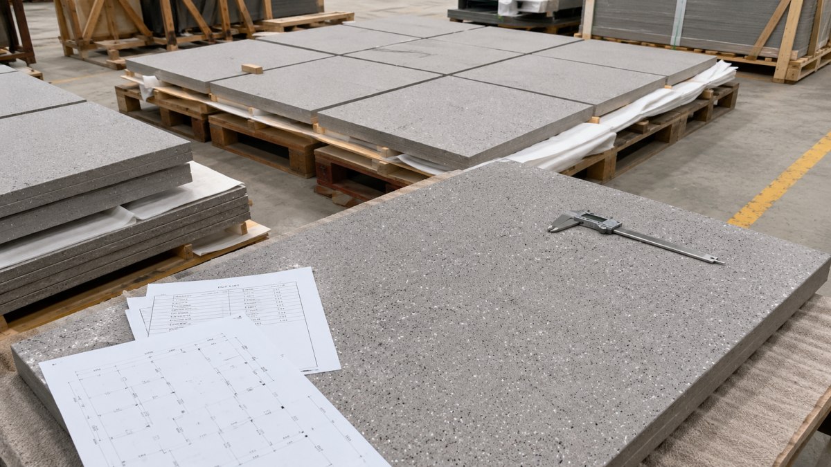 Cut-to-size artificial marble flooring pieces prepared for a commercial project