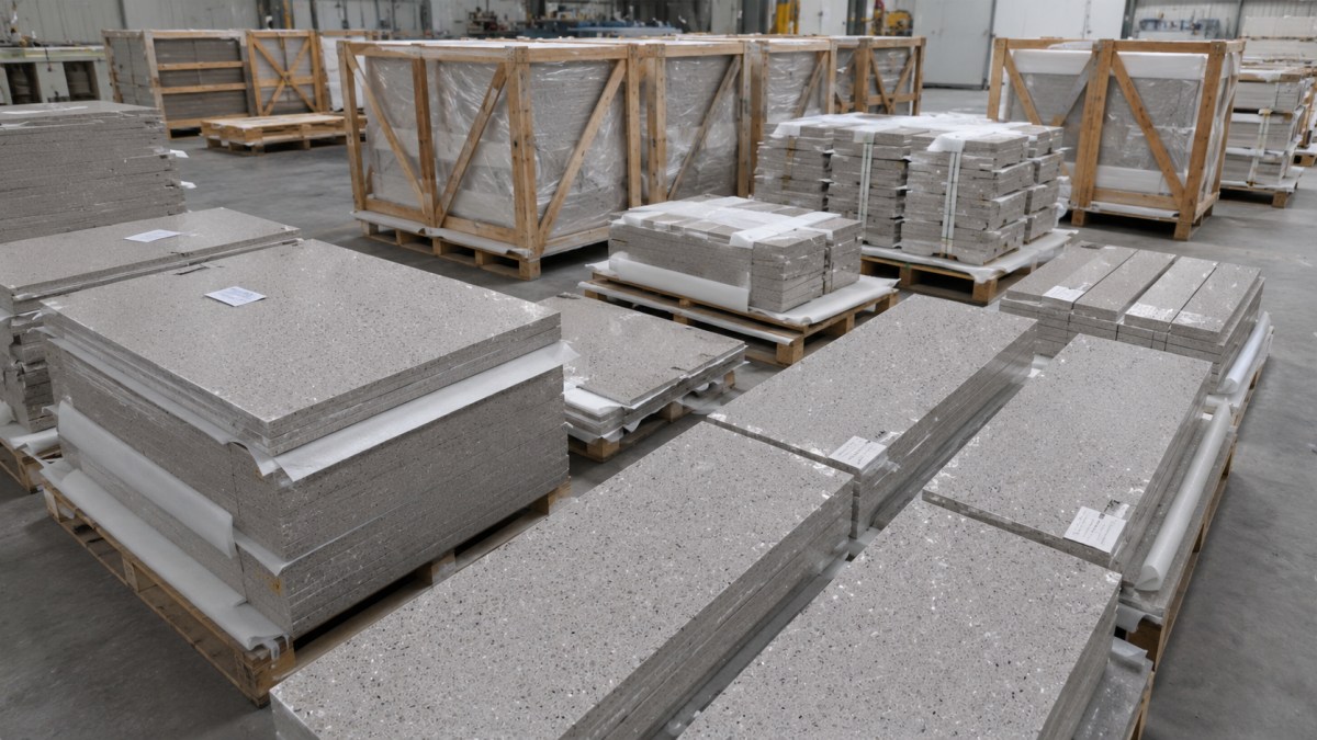 Artificial marble flooring materials grouped and packed for export in a stone factory