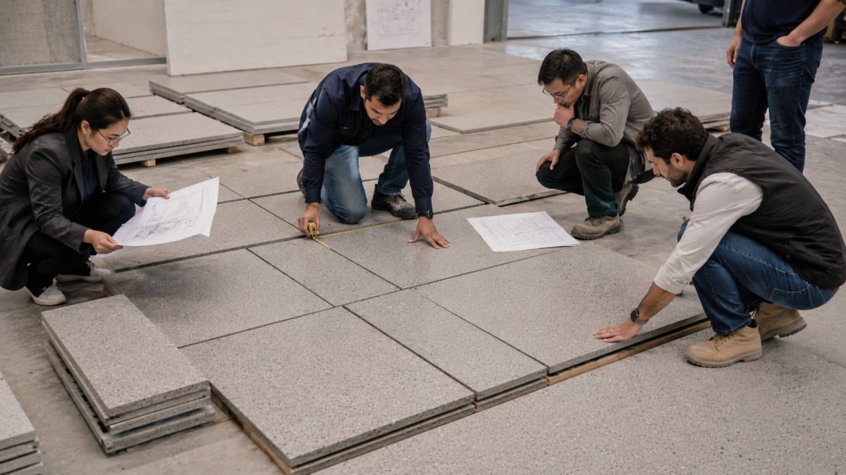 Contractor reviewing artificial marble flooring pieces and layout before installation