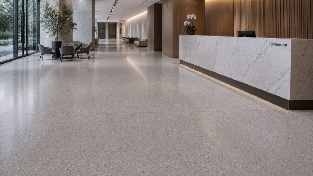 Finished commercial interior with artificial marble flooring and controlled appearance