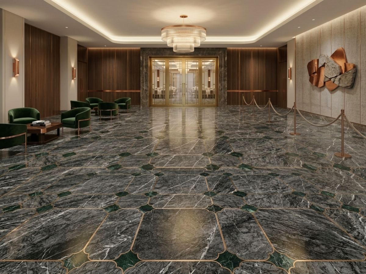 Custom Grey Marble Inlay Floor with Copper Details