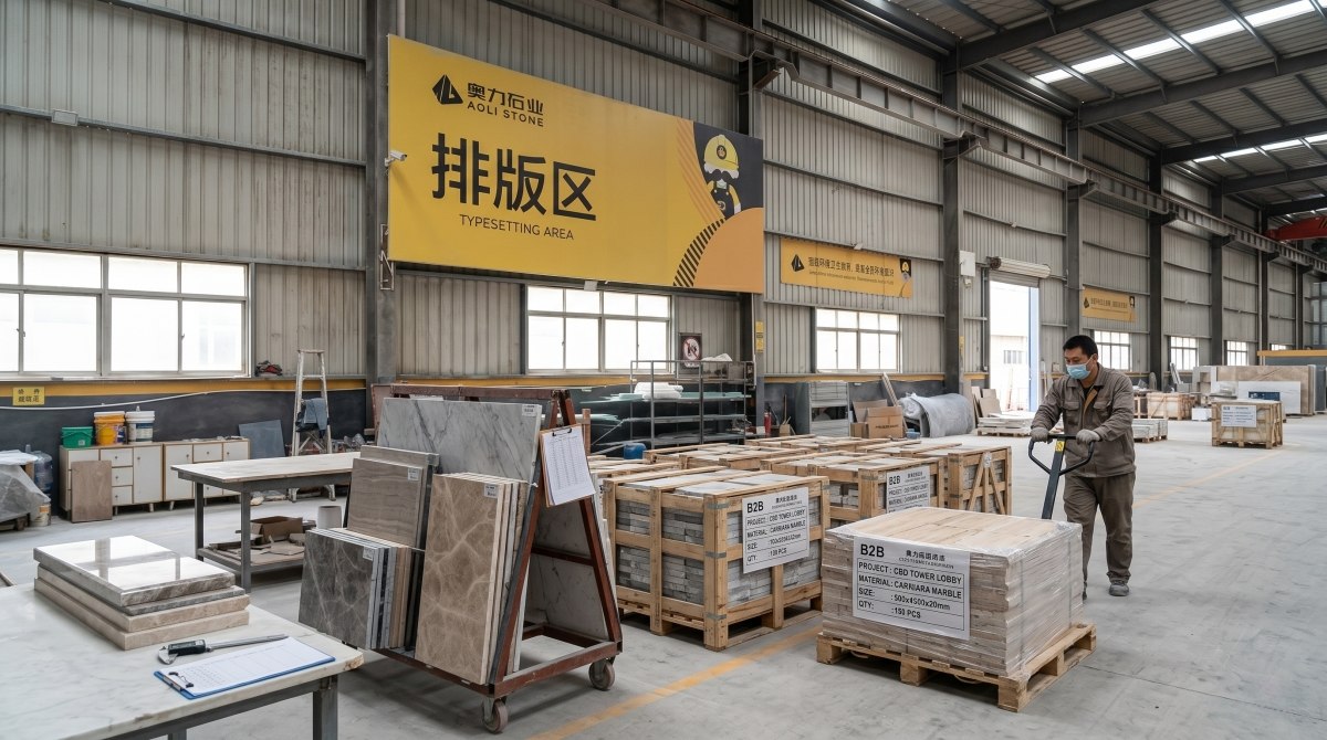 Cut-to-size stone pieces prepared for a commercial interior project