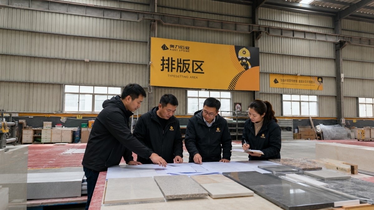 Project team reviewing cut-to-size stone drawings and material samples
