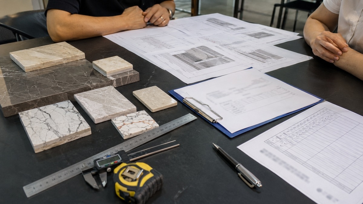 Stone project order confirmation table with samples drawings and quotation before deposit