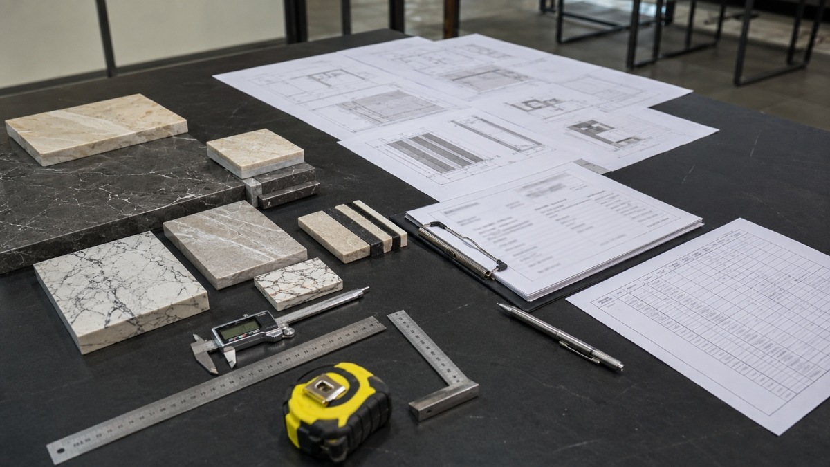 Final stone project drawings size list and material samples reviewed before deposit