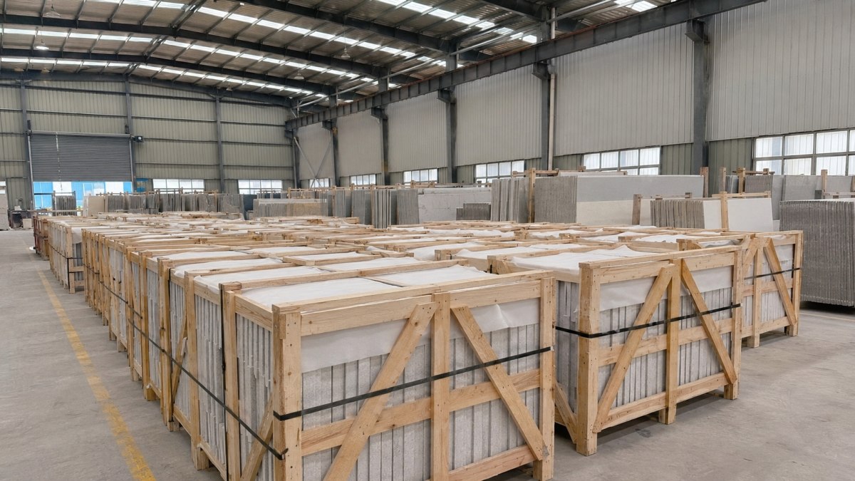 Export-ready stone materials packed in wooden crates for international project supply