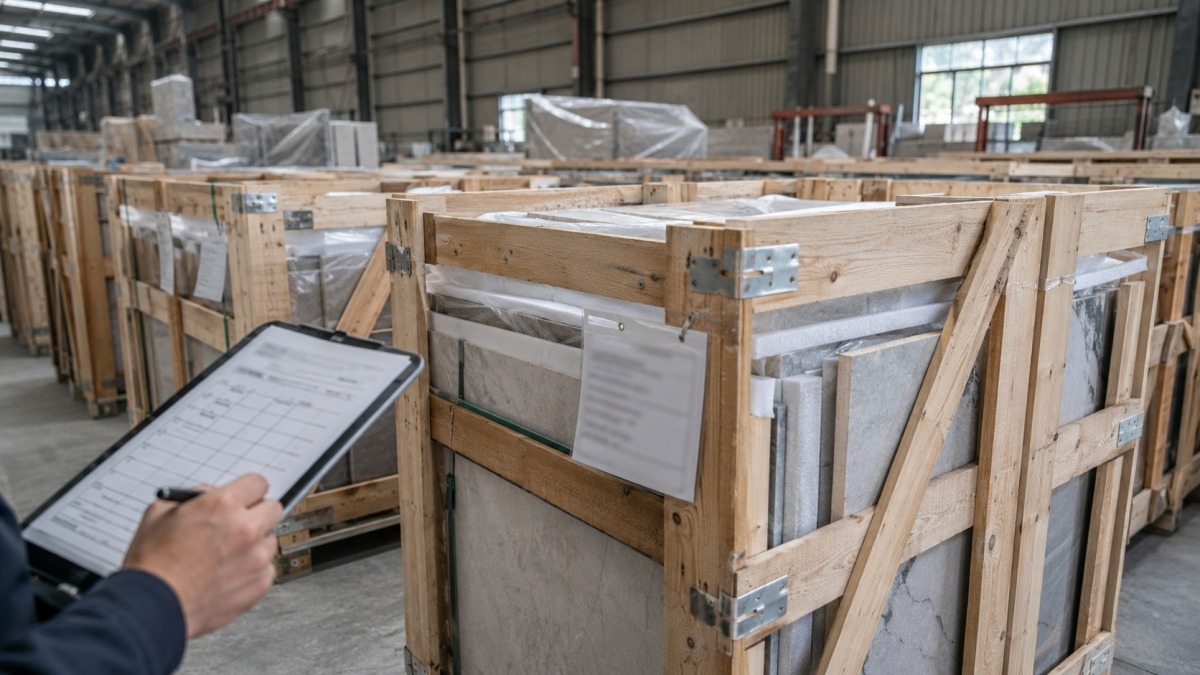 Stone export crates with labels and packing list checked before shipment