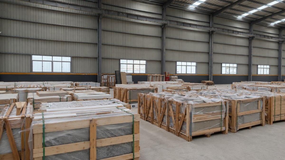 Finished stone export packing area with organized crates ready for shipment