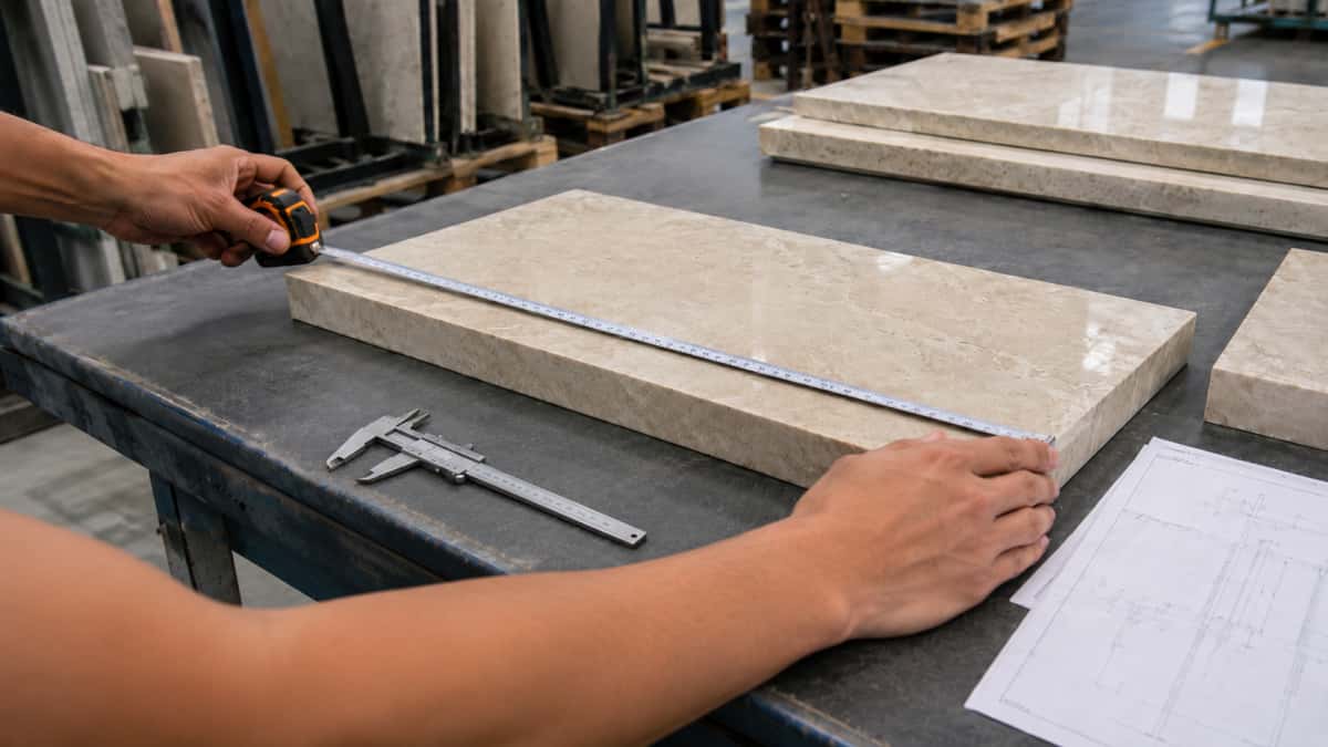 Stone dimension and thickness inspection with tape measure and caliper before shipment