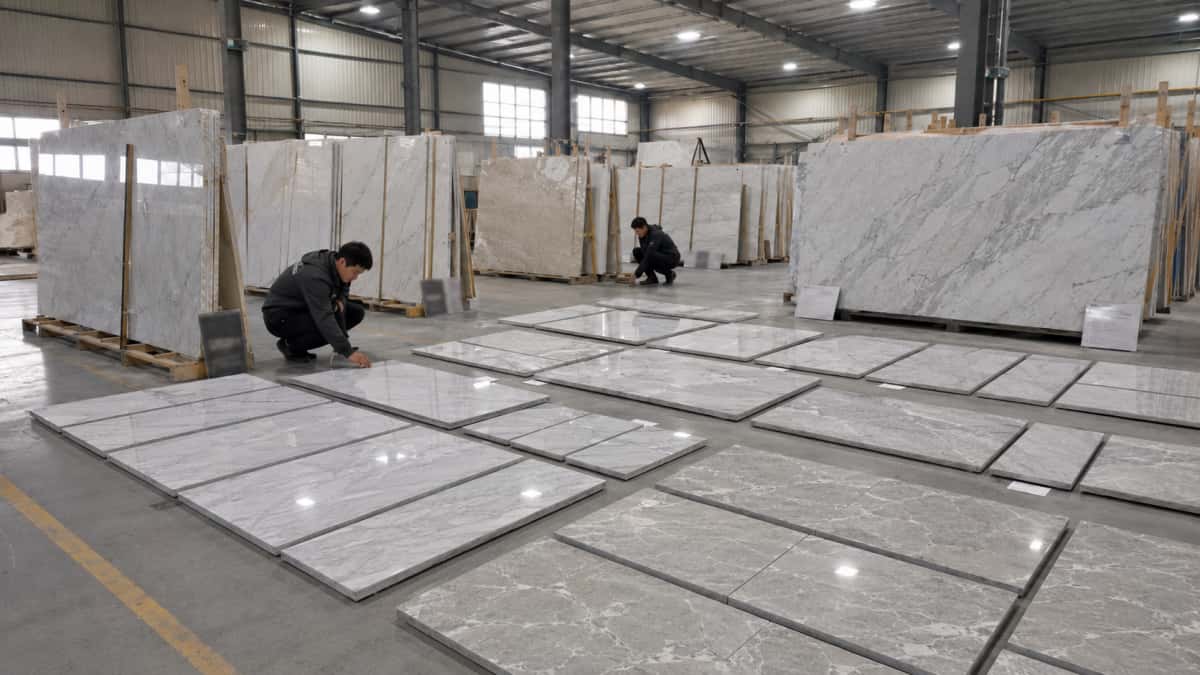 Numbered stone panels arranged for dry layout inspection before packing 