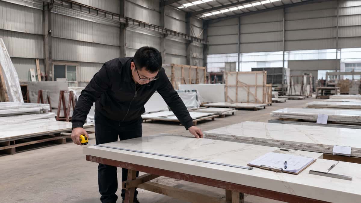 Stone pieces checked with tape measure before installation at project site